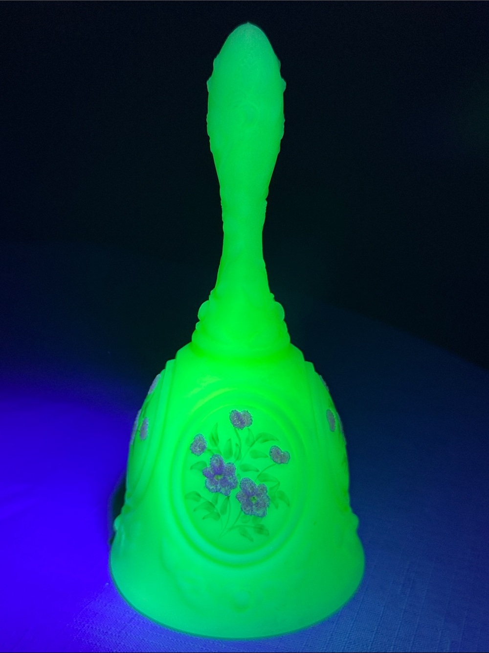 Fenton Bell Uranium Satin Glass Hand Painted Pink Blossom Signed L. Fleming